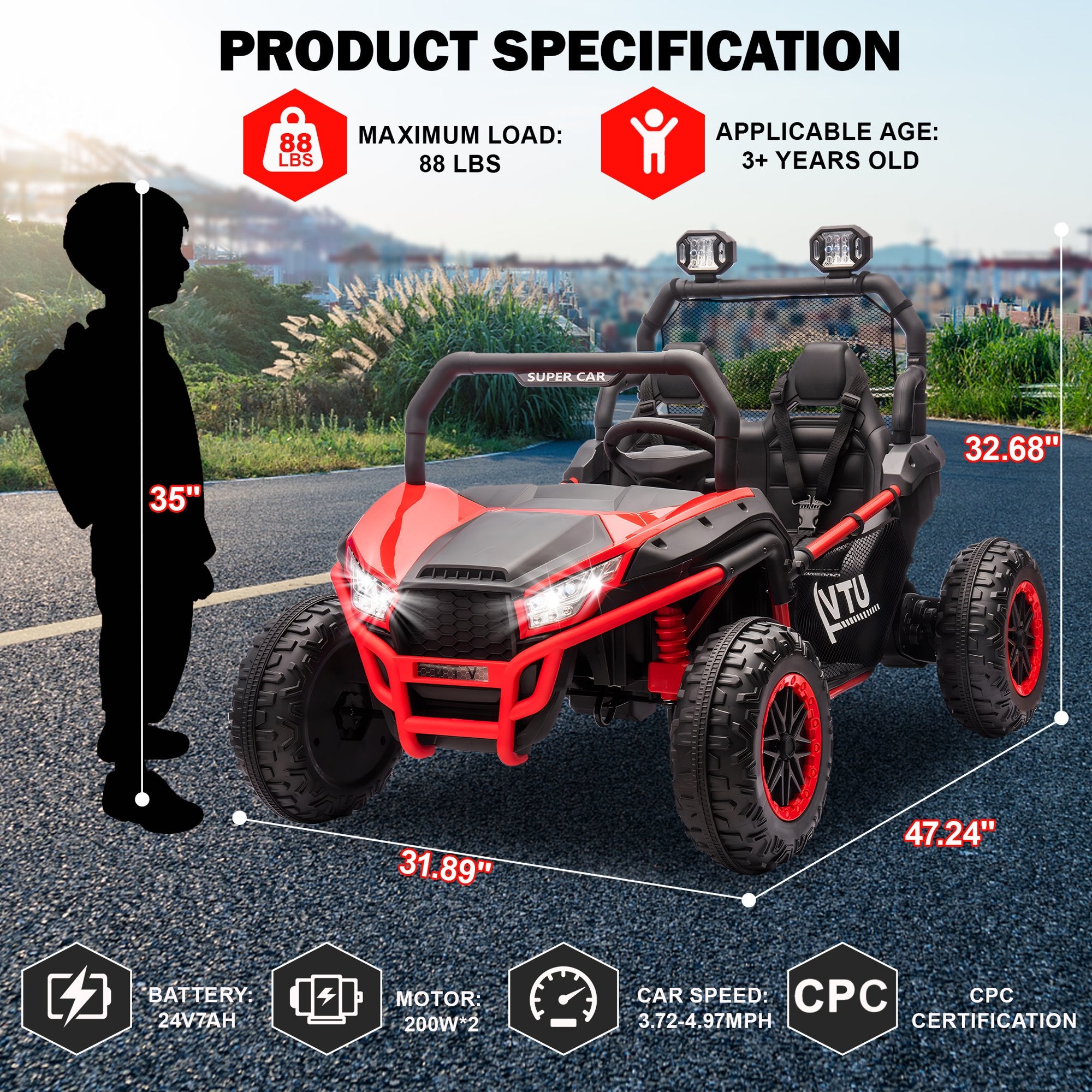 Veículo elétrico infantil de dupla ocupação 24V